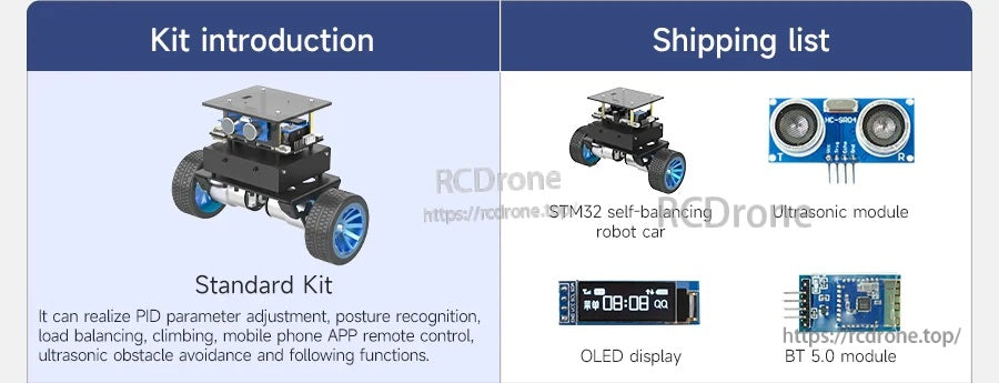 Standard kit contents with robot car, ultrasonic module, OLED display, and Bluetooth 5.0 module list