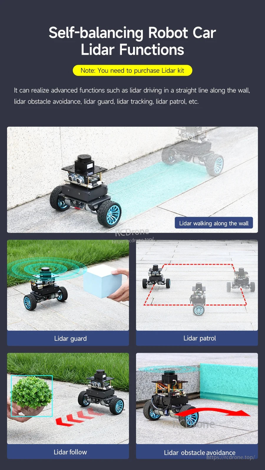Yahboom self-balancing robot car with LiDAR demonstrating wall following, obstacle avoidance, patrol and follow modes