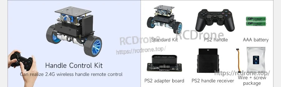 Handle control kit list with PS2 gamepad, adapter board, receiver, batteries, and mounting hardware