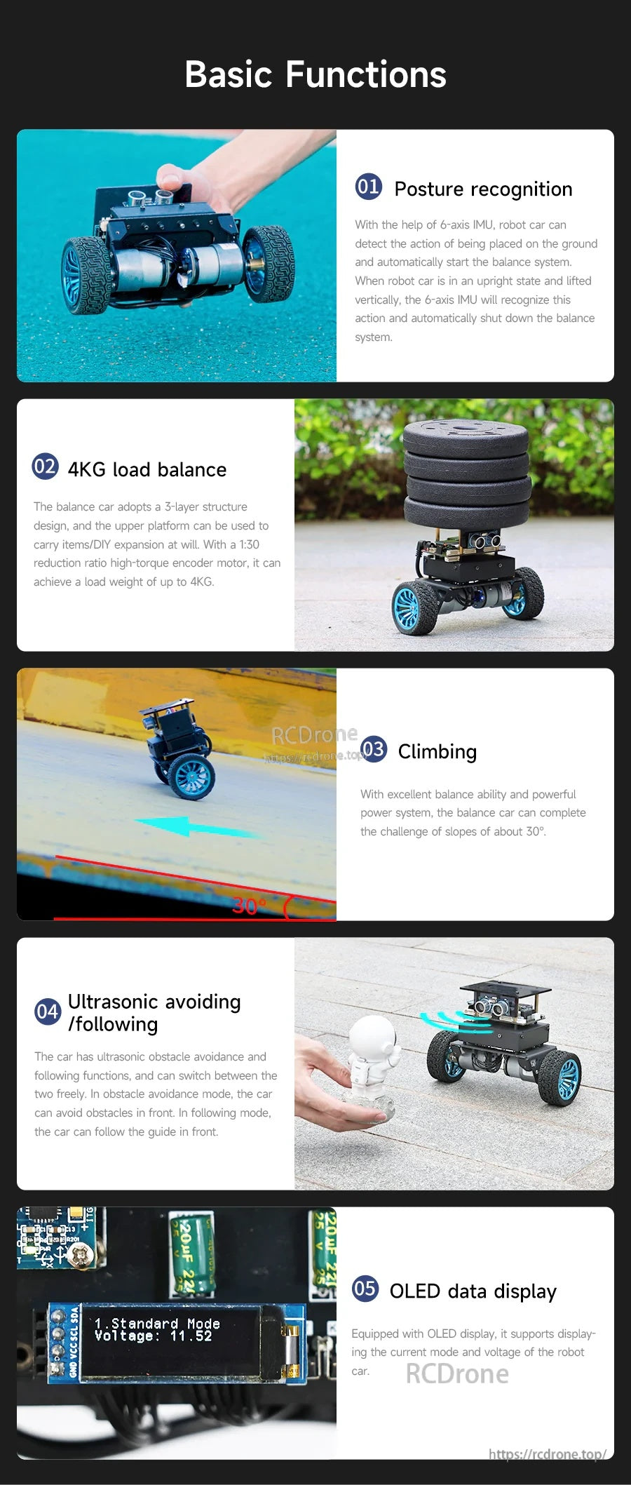 Yahboom STM32 Self-balancing Robot basic functions collage: posture recognition, 4 kg load, climbing, OLED