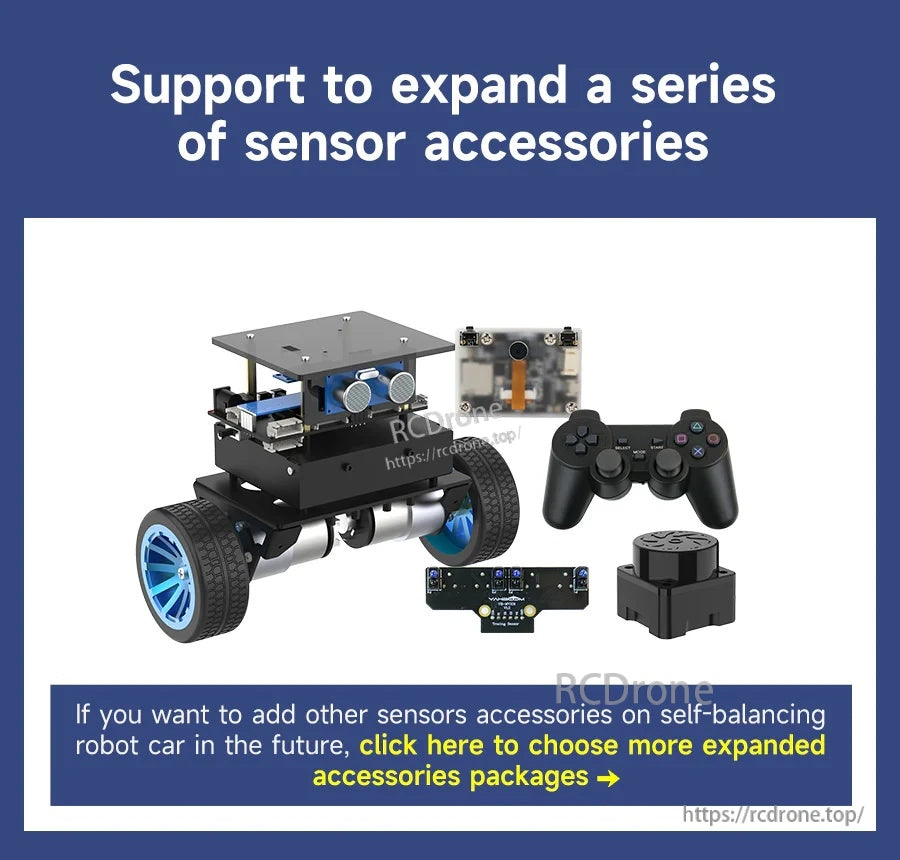 Yahboom STM32 self-balancing two-wheel robot car with expansion sensor modules, camera board, and gamepad remote