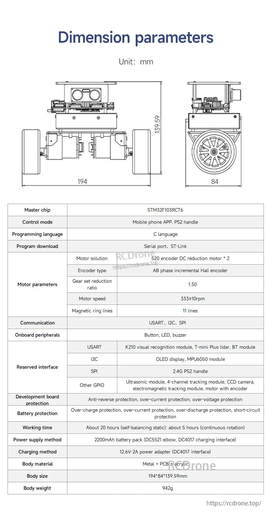 Yahboom STM32 self-balancing robot dimension diagram with 194×200×84 mm measurements and spec table