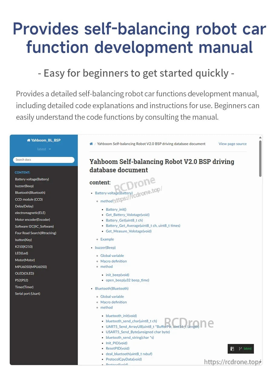 Screenshot of Yahboom STM32 self-balancing robot development manual and BSP driving database document pages