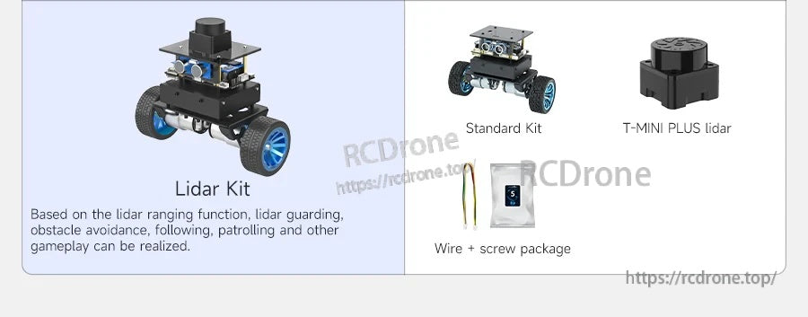 Lidar kit option listing T-MINI PLUS lidar sensor with standard robot kit and accessory package