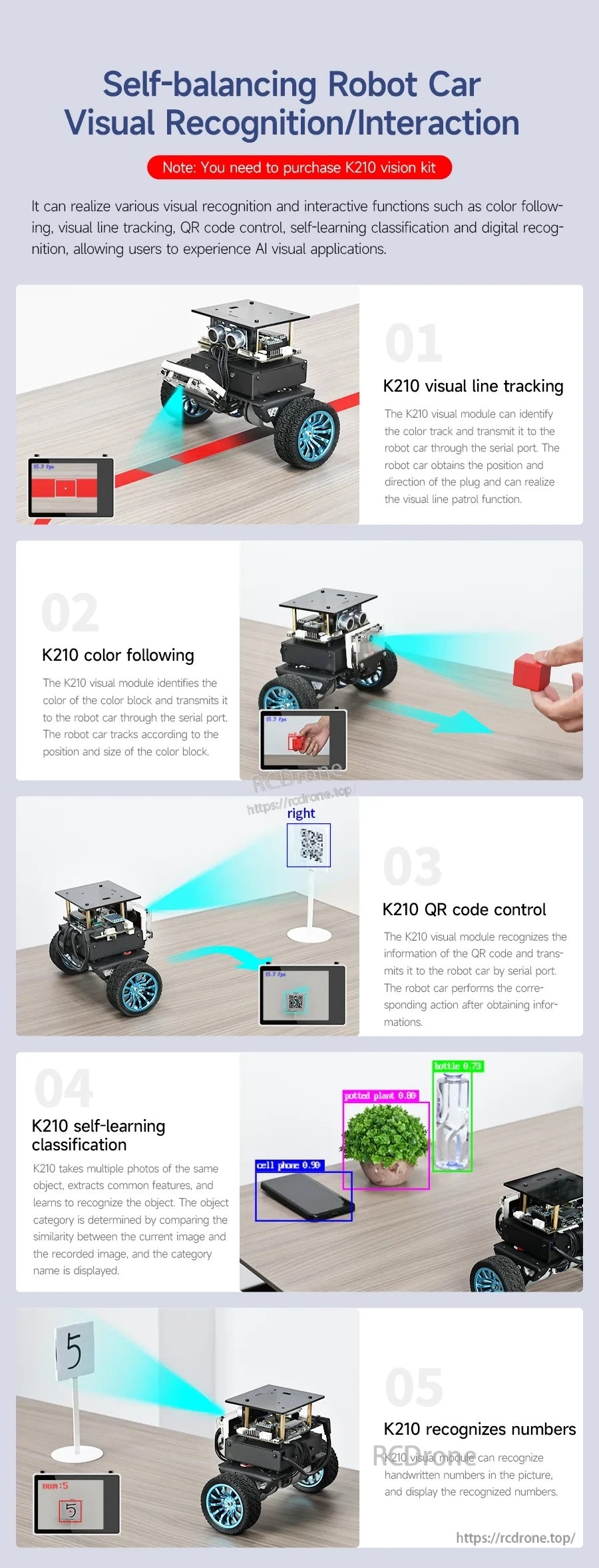 Yahboom STM32 self-balancing robot car infographic with line tracking, color following, QR control, and vision recognition