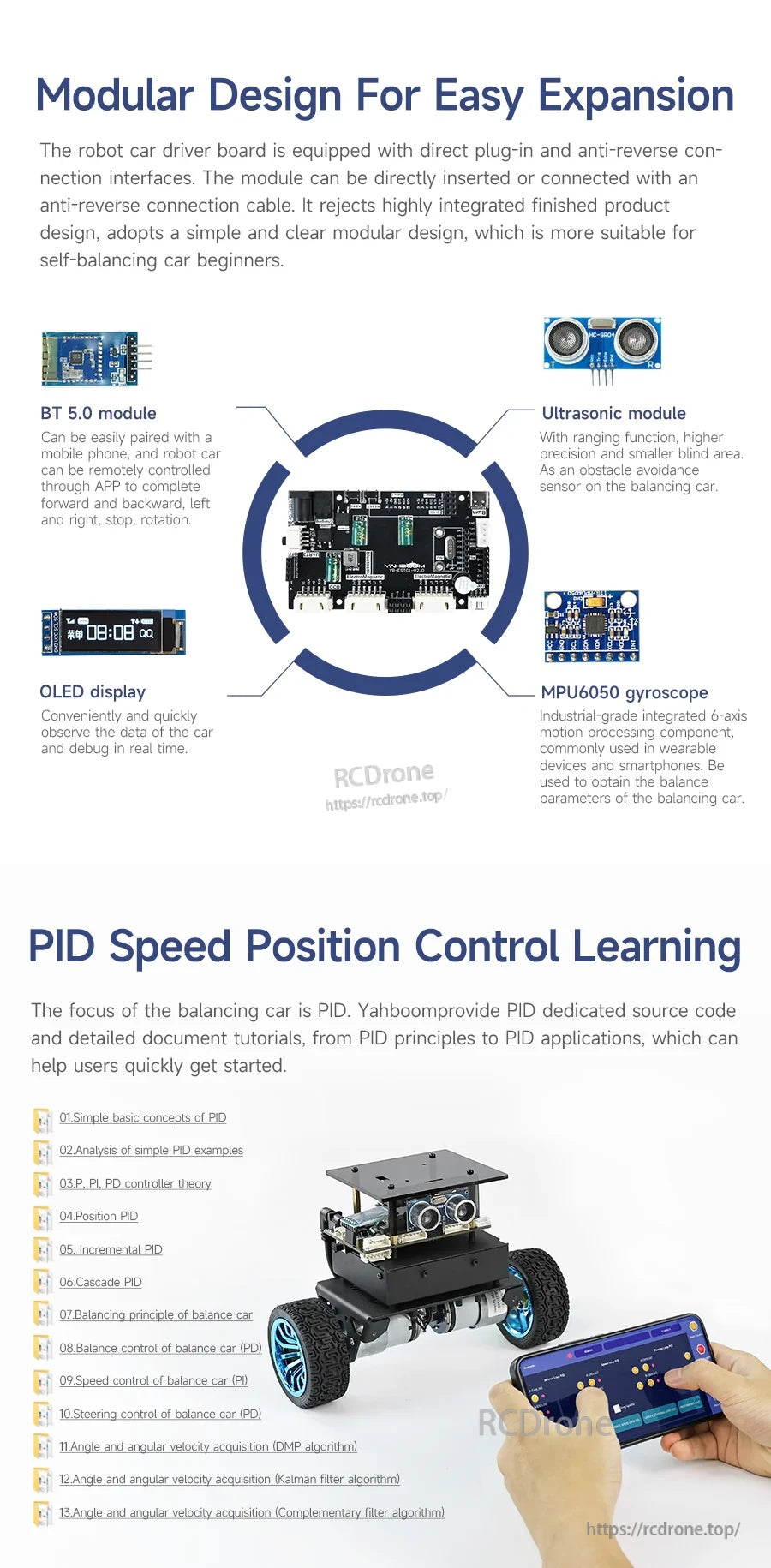 Yahboom STM32 self-balancing robot kit infographic showing modular controller board, sensors, and PID control learning