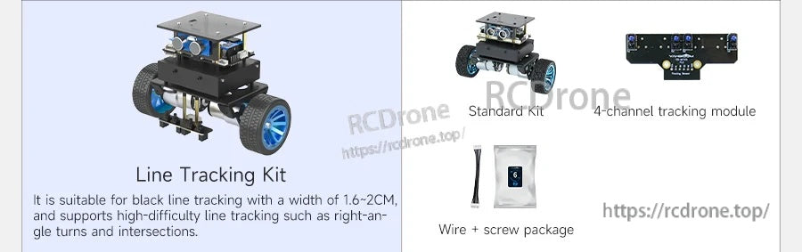 Line tracking kit overview with 4-channel tracking module and included wire and screw package