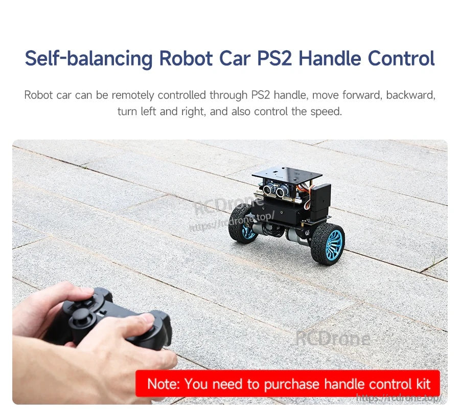 PS2 handle control demo with robot driving outdoors; note indicates handle control kit required