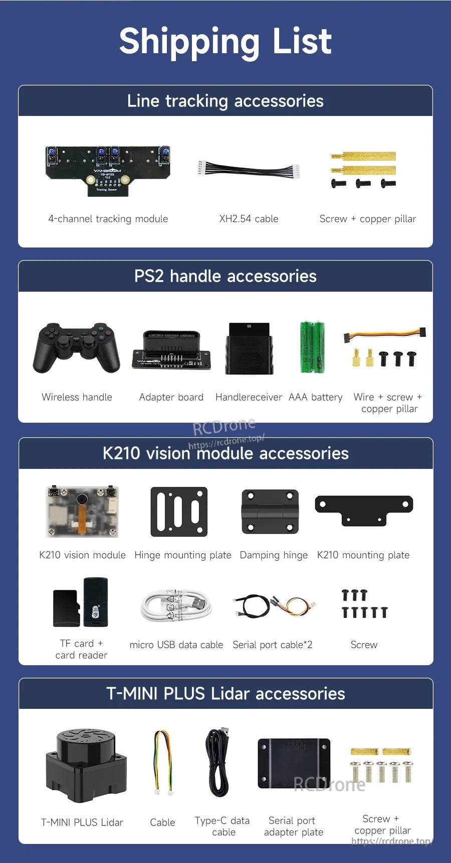 Shipping list for Yahboom STM32 self-balancing robot kit with line tracking module, PS2 controller, K210 and LiDAR parts