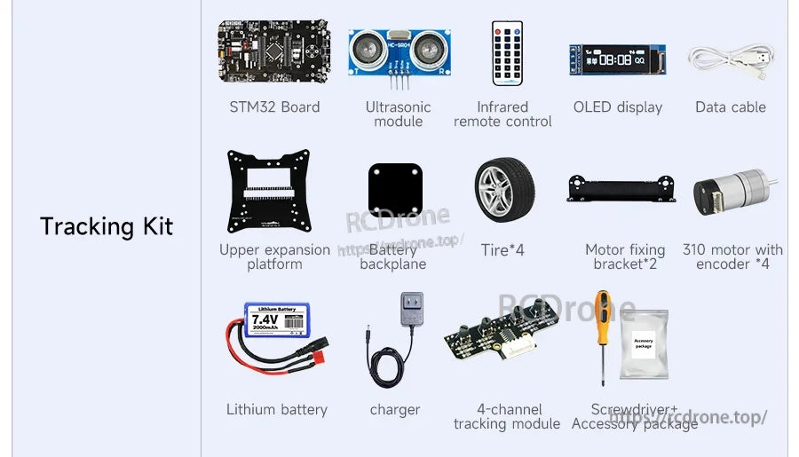 Yahboom STM32 smart car tracking kit parts including STM32 board, ultrasonic module, OLED, remote, motors, wheels and battery