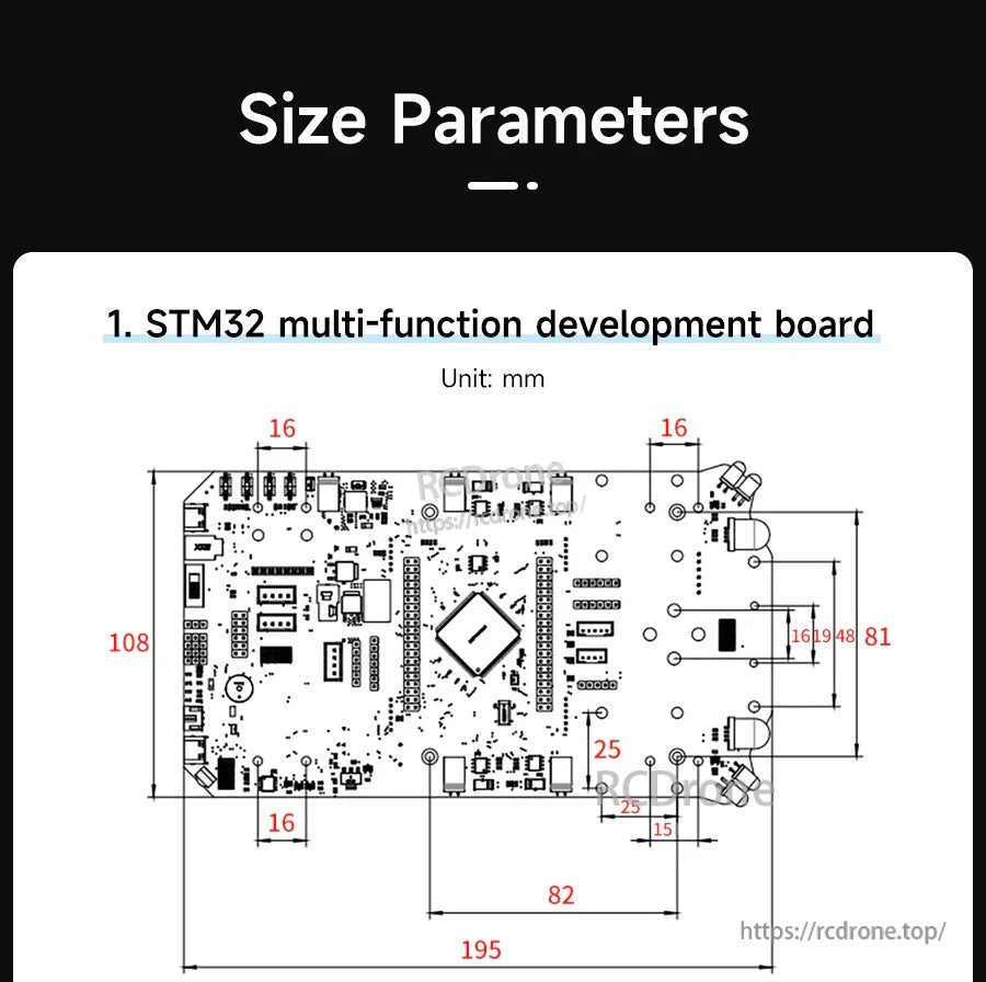 Size parameters drawing for STM32 multifunction development board with dimensions in millimeters