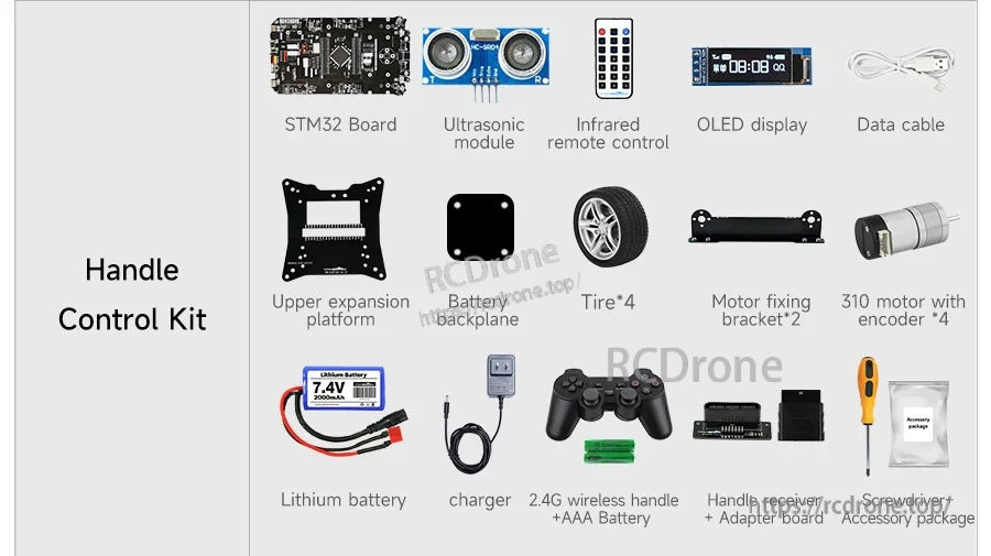 Yahboom STM32 smart car handle control kit with STM32 board, ultrasonic sensor, OLED, remote, motors, wheels and battery