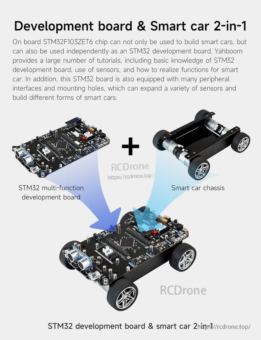 2-in-1 concept: STM32 multifunction development board plus smart car chassis combining into one robotics platform