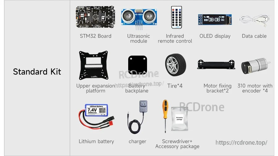 Yahboom STM32 smart car standard kit contents with STM32 board, ultrasonic module, OLED, remote, motors, wheels and battery