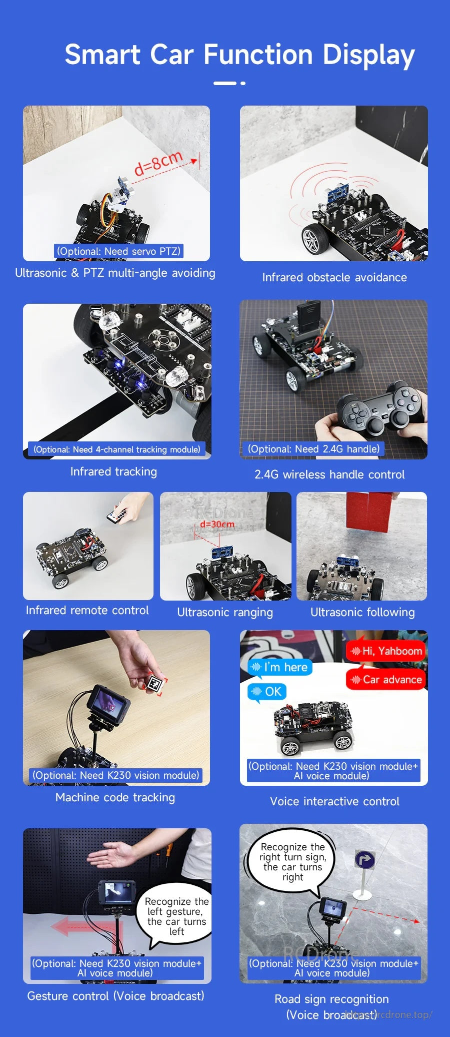 Smart car function display list including ultrasonic avoidance, infrared tracking, wireless handle control and voice options
