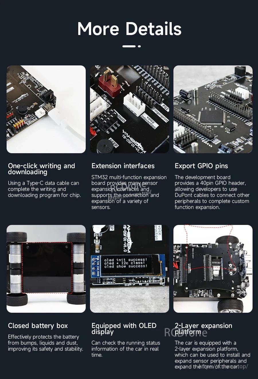Feature details: Type‑C one‑click download, expansion interfaces, 40‑pin GPIO, closed battery box and OLED display