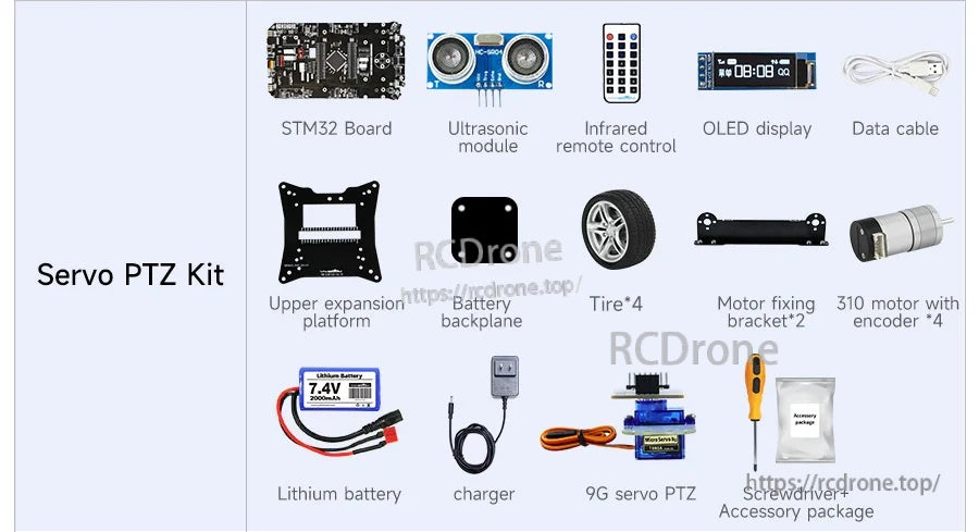 Yahboom STM32 smart car kit components with STM32 board, ultrasonic sensor, OLED, IR remote, motors and wheels