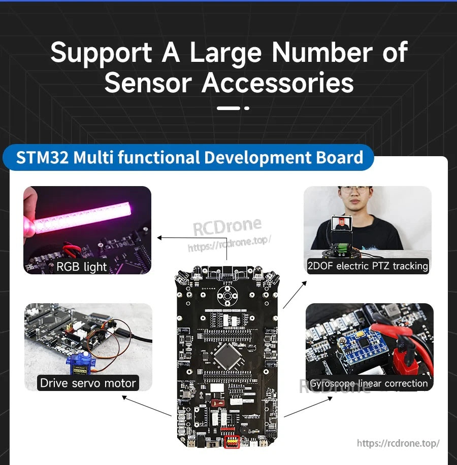 Sensor accessory support graphic: RGB light, 2DOF electric PTZ tracking, drive servo motor and gyroscope module
