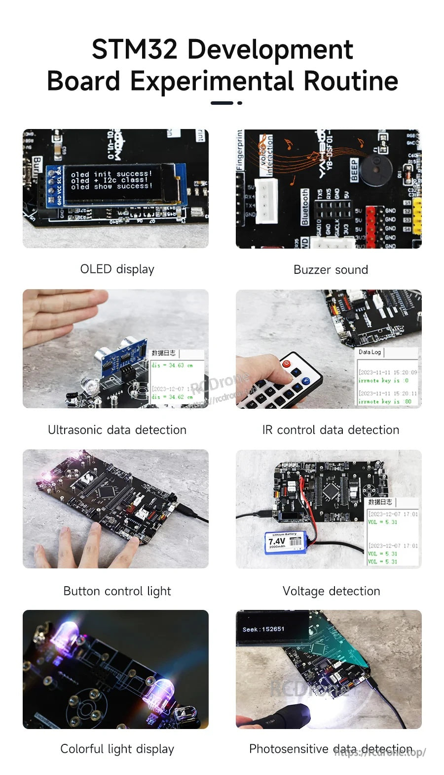 Experimental routine examples: OLED display, buzzer, IR control, voltage sensing, RGB lighting and photosensor tests