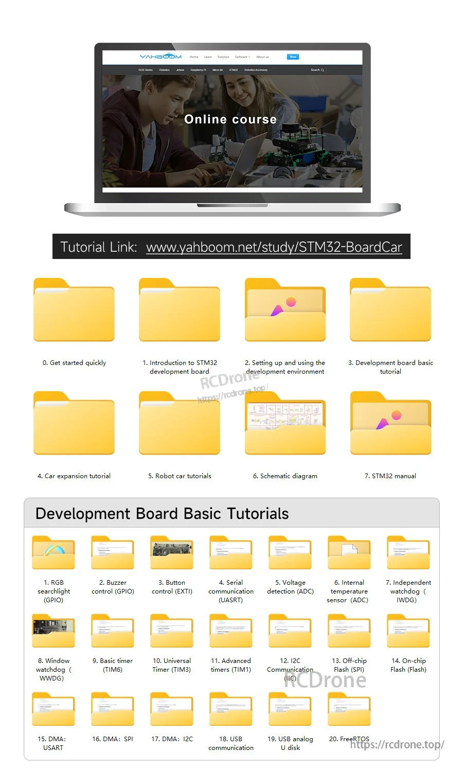Online course resources and tutorial folders for STM32 board basics with downloadable lesson structure