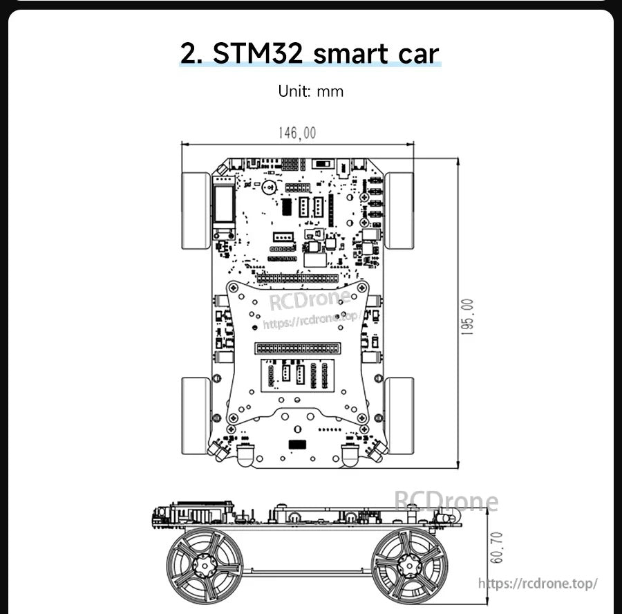 STM32 smart car chassis size drawing with top and side views and key dimensions in millimeters