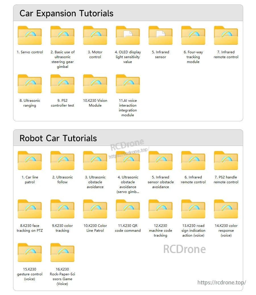 Car expansion and robot car tutorial folders covering servo control, ultrasonic, infrared, vision modules and more