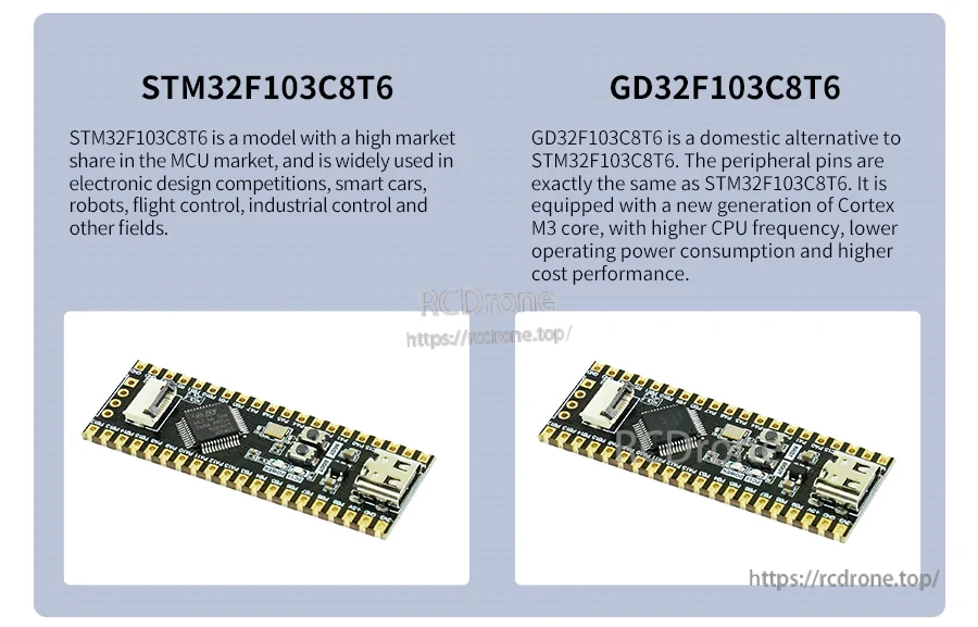 Comparison of STM32F103C8T6 vs GD32F103C8T6 core board versions with the same pinout footprint