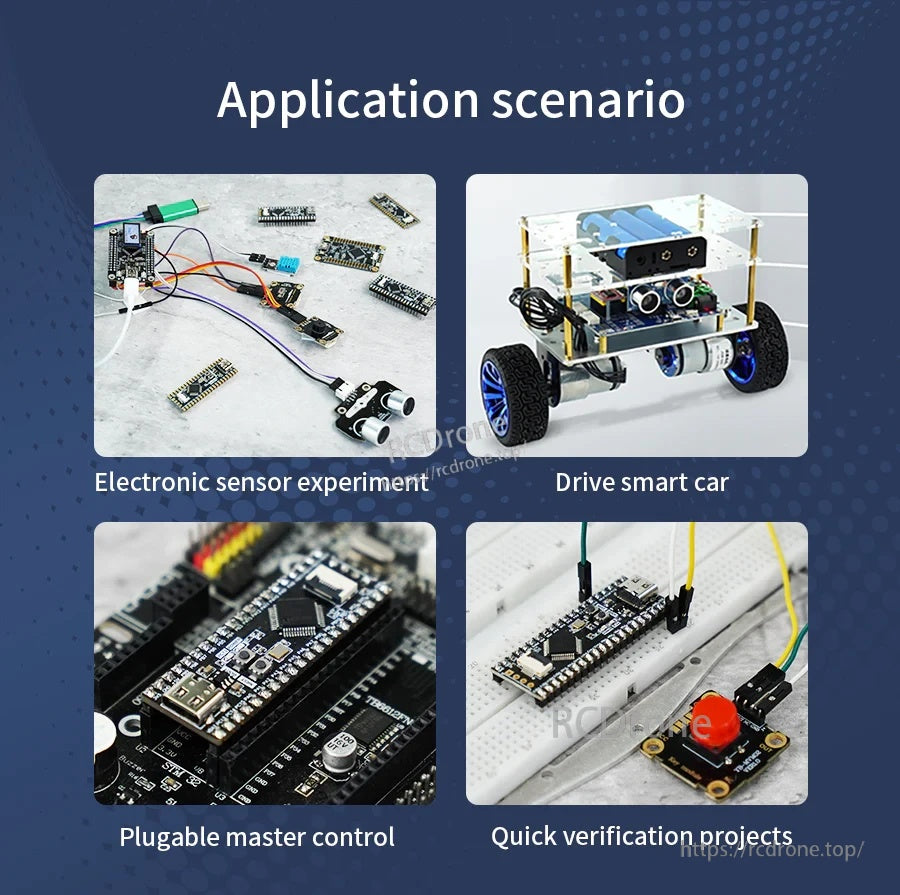 Application scenarios collage: sensor experiments, smart car robot, plug-in control, and breadboard quick validation