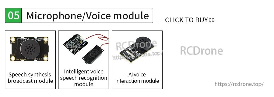 Microphone/voice module selection banner with speech synthesis, voice recognition, and AI voice interaction modules