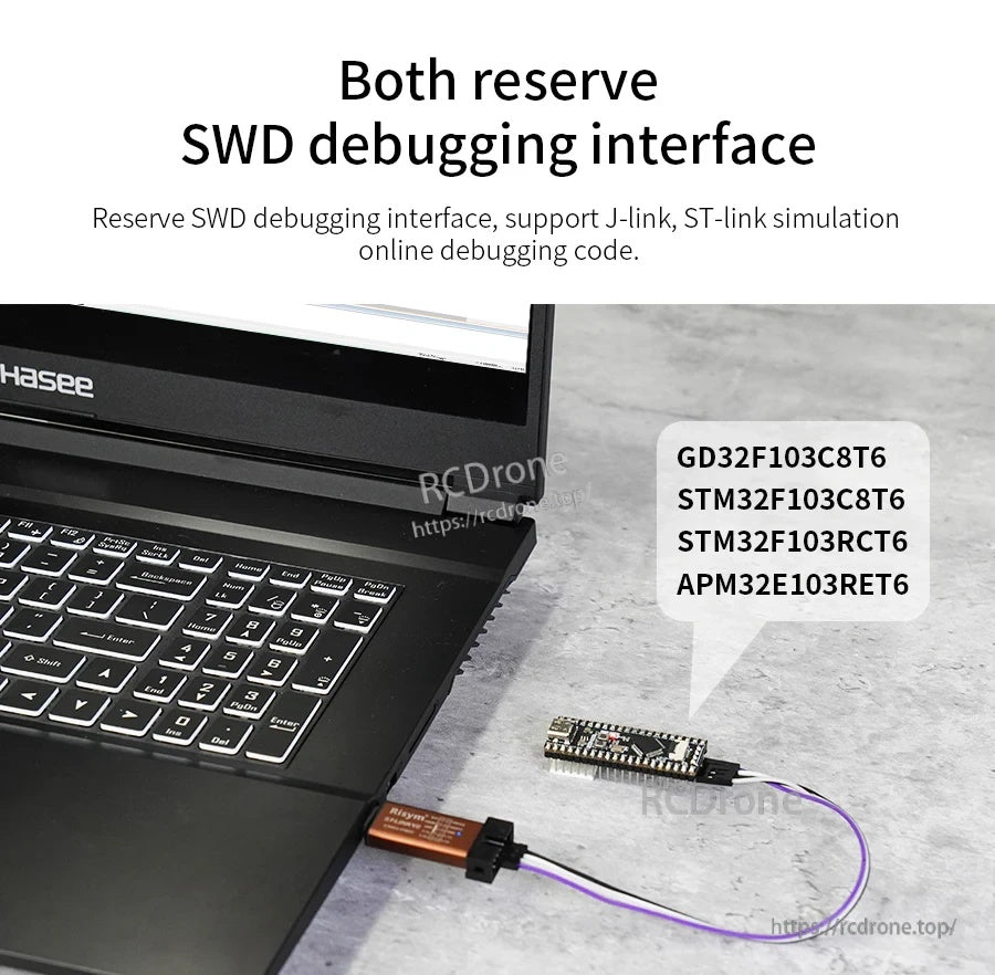 SWD debugging connection example from a laptop to the core board, supporting J-Link or ST-Link style debuggers