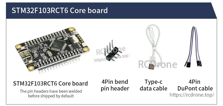 STM32F103RCT6 core board with pin headers, 4‑pin bent header, Type‑C data cable, and 4‑pin DuPont lead