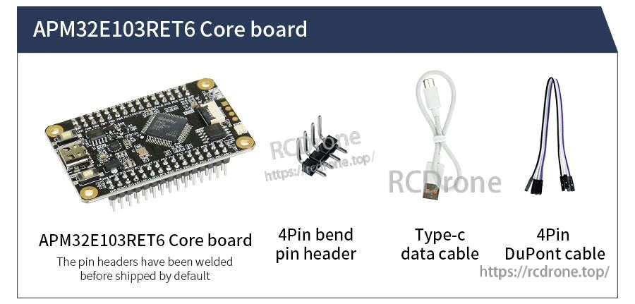 APM32E103RET6 core board kit with pre-soldered pin headers, 4-pin bent header, USB-C cable, and 4-pin Dupont leads