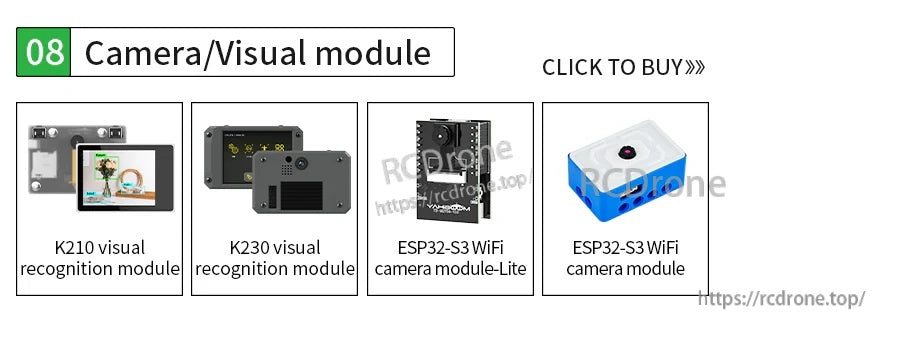Camera/visual module selection showing K210 and K230 visual recognition modules and ESP32-S3 WiFi camera options