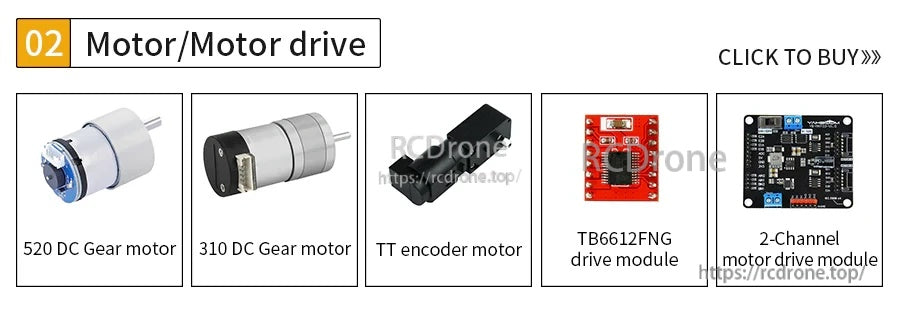 Selection of motors and driver modules: 520 and 310 DC gear motors, TT encoder motor, TB6612FNG, 2-channel driver