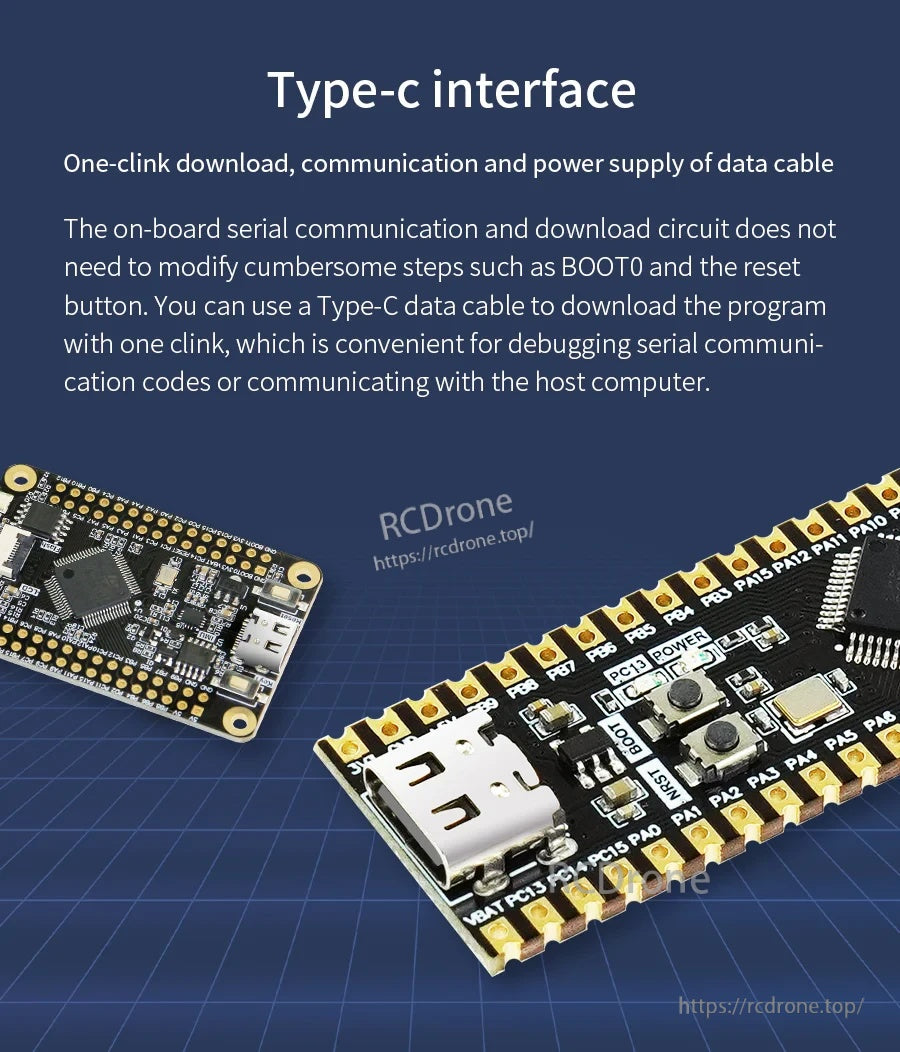 Close-up of Type-C interface on the STM32 core board for power, serial communication, and quick program download