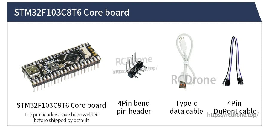 STM32F103C8T6 core board kit with pin headers, Type-C USB data cable, and 4-pin DuPont cable