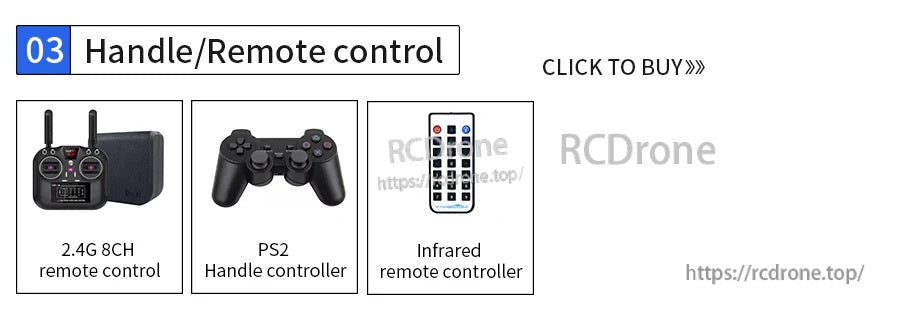Handle/remote control options: 2.4G 8CH transmitter, PS2 gamepad controller, and infrared remote