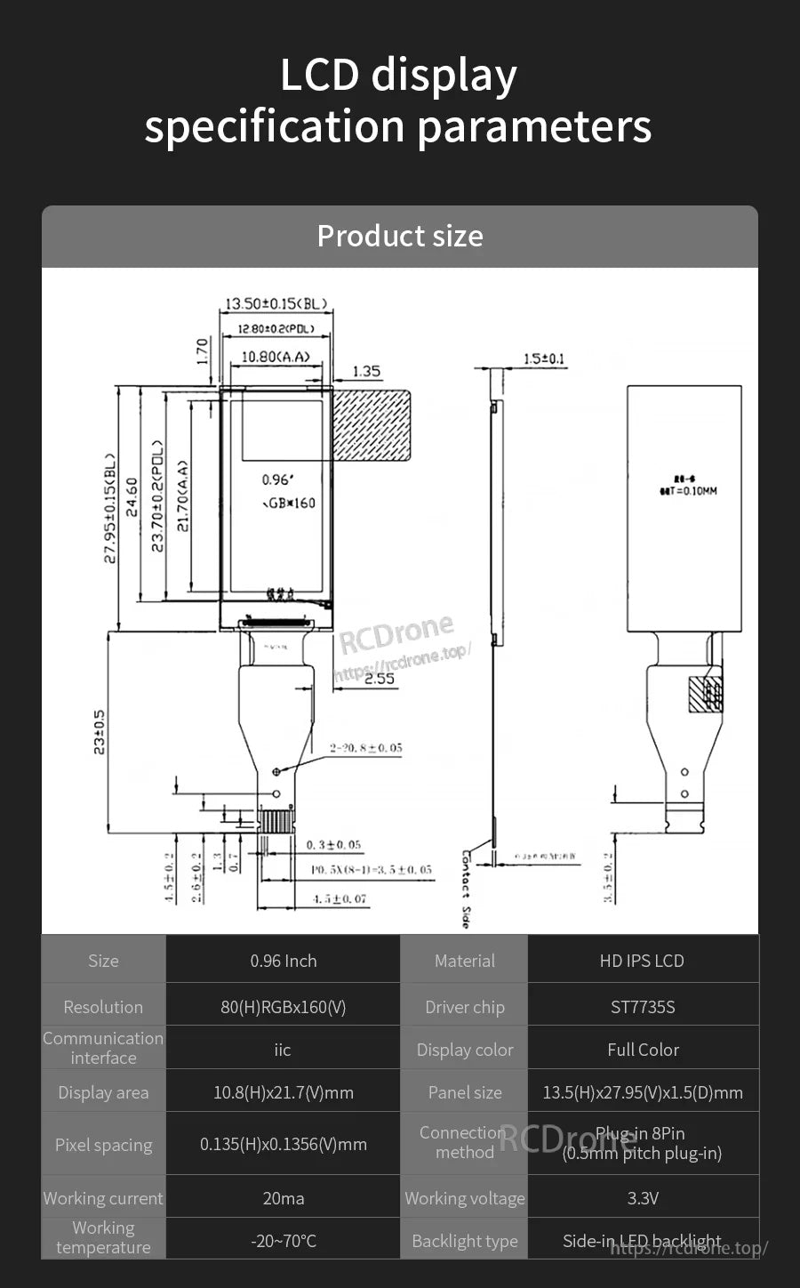 0.96-inch TFT LCD specification drawing with dimensions, resolution details, and connector/cable measurements