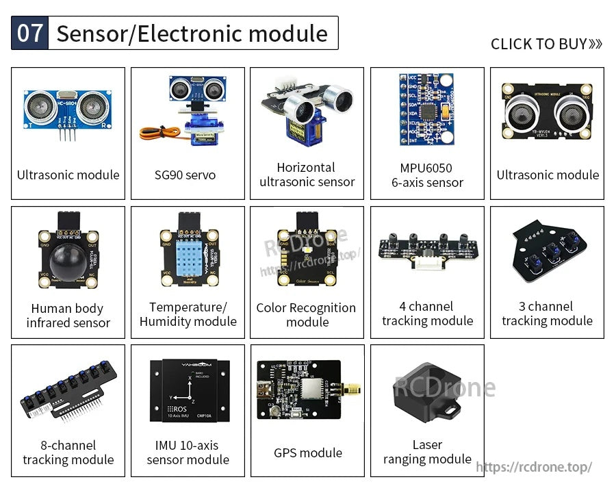 Catalog page of sensor/electronic modules including ultrasonic, SG90 servo, MPU6050 IMU, GPS, PIR, and tracking boards
