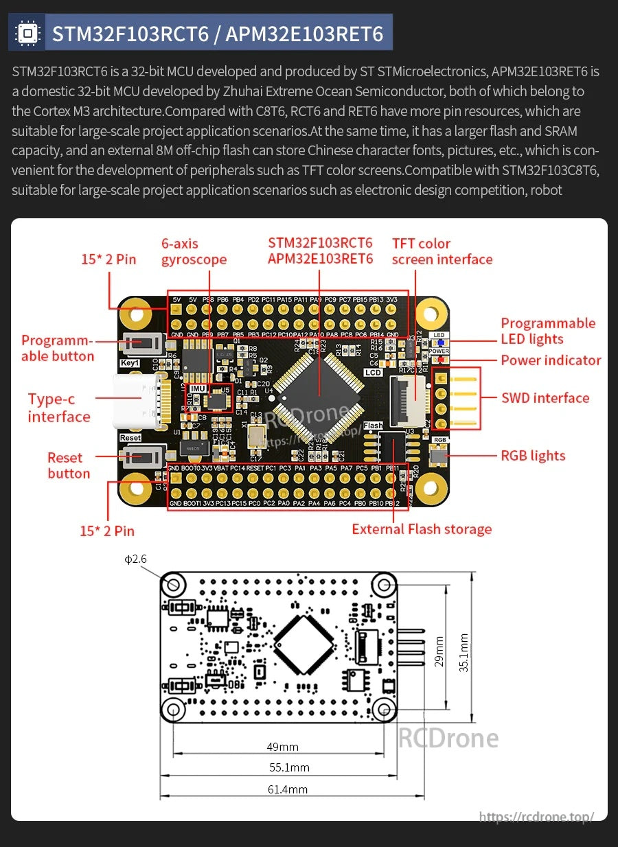 Board dimensions and labeled components for the STM32F103RCT6/APM32E103RET6 core board with pin headers