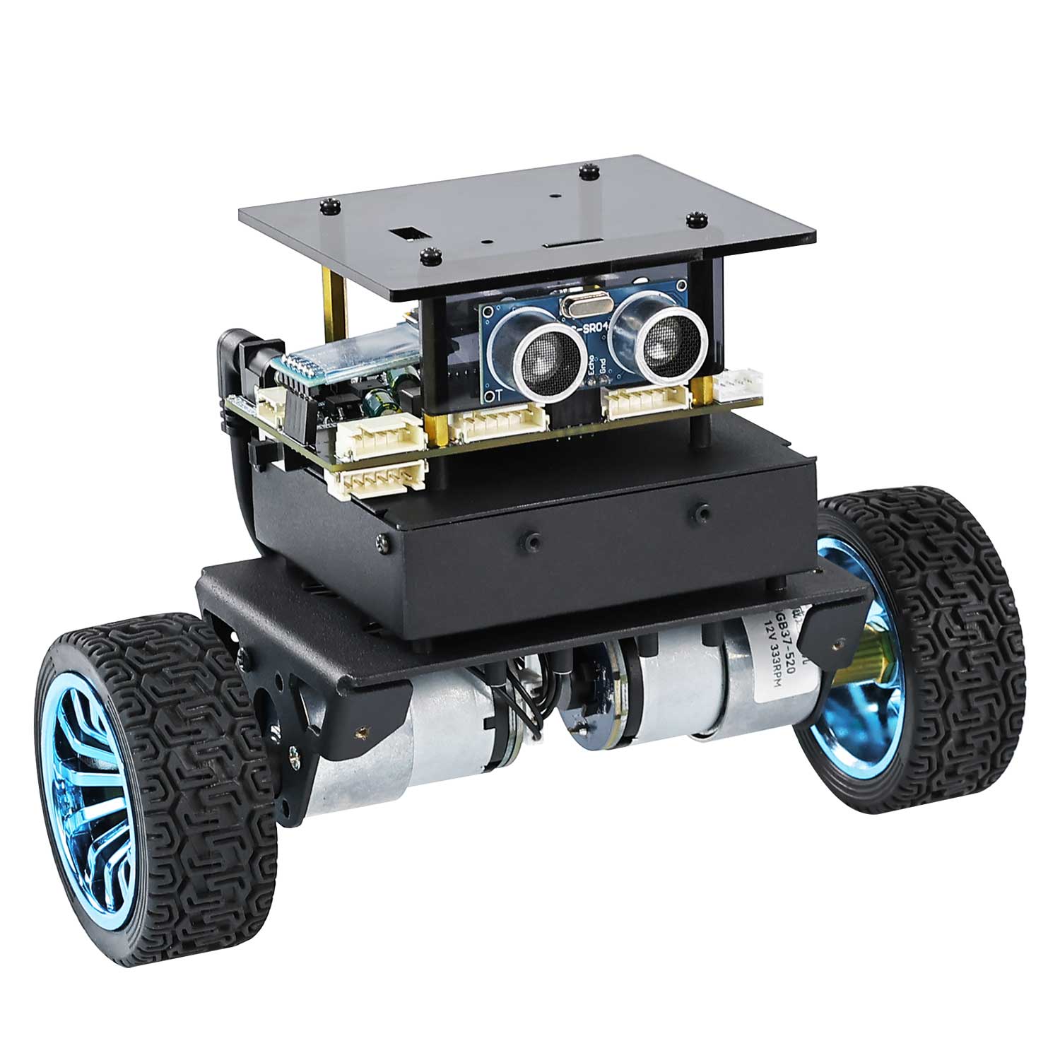 Yahboom STM32 self-balancing robot car with ultrasonic sensor, metal chassis, and blue wheels