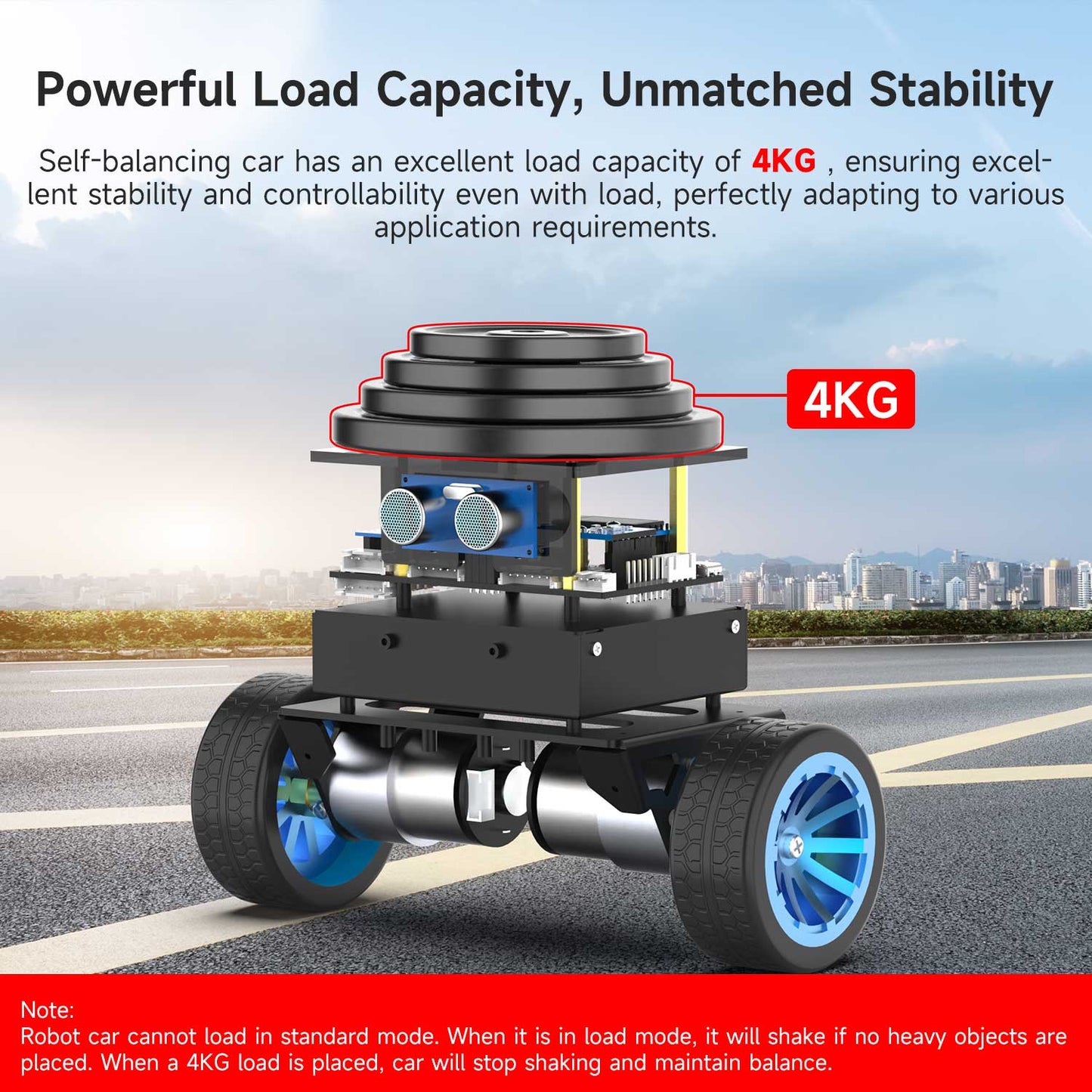 Self-balancing robot car load capacity graphic showing 4 kg weight on top platform