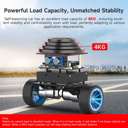 Self-balancing robot car load capacity graphic showing 4 kg weight on top platform