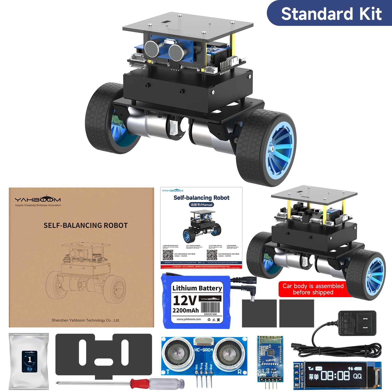 Standard kit contents layout: assembled robot, 12V battery, ultrasonic sensor, tools, charger, manuals