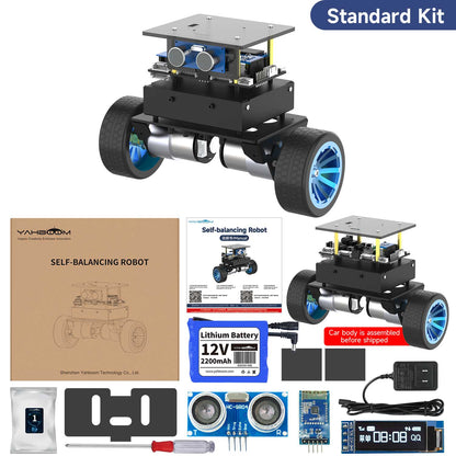 Standard kit contents layout: assembled robot, 12V battery, ultrasonic sensor, tools, charger, manuals