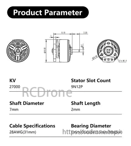 SUB250 0702 27000KV brushless motor features 27000KV, 9N12P stator, 7mm shaft, 2mm length, 28AWG cables (31mm), and 1mm/1.5mm bearings.