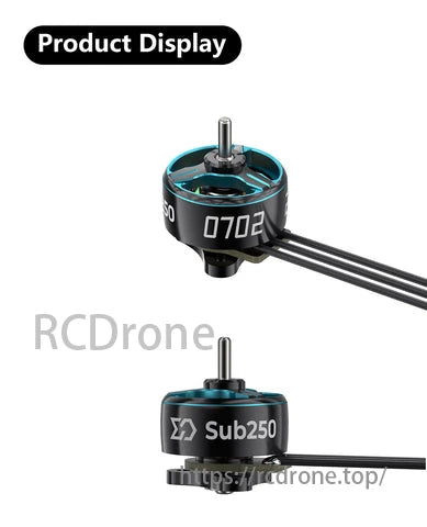 SUB250 0702 27000KV Brushless Motor, This motor uses a 9N12P stator, 28AWG cables, and a 7mm mounting shaft with a 2mm length for compatibility with popular prop sizes.