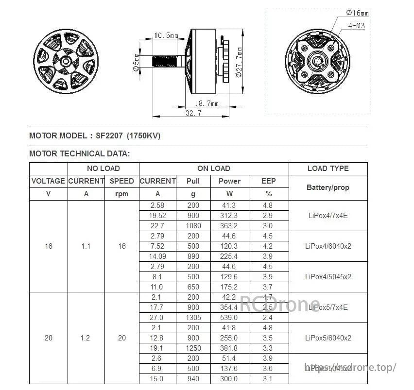 SUNFUN SF2207 FPV Motor (1750KV) specs: voltage, current, speed, force, power, efficiency with various batteries. Size: 32.7mm x 27.7mm.