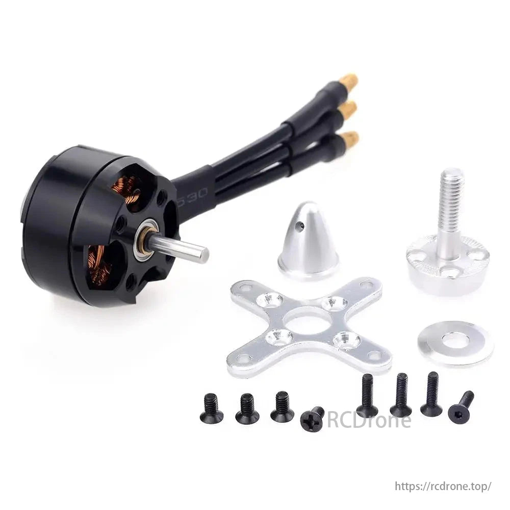Black brushless motor with silver mounting plate, screws, and accessories for RC airplane models.