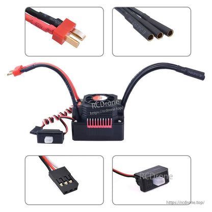 ESC wiring and connectors close-ups: T-plug power connector, bullet motor leads, and receiver plug